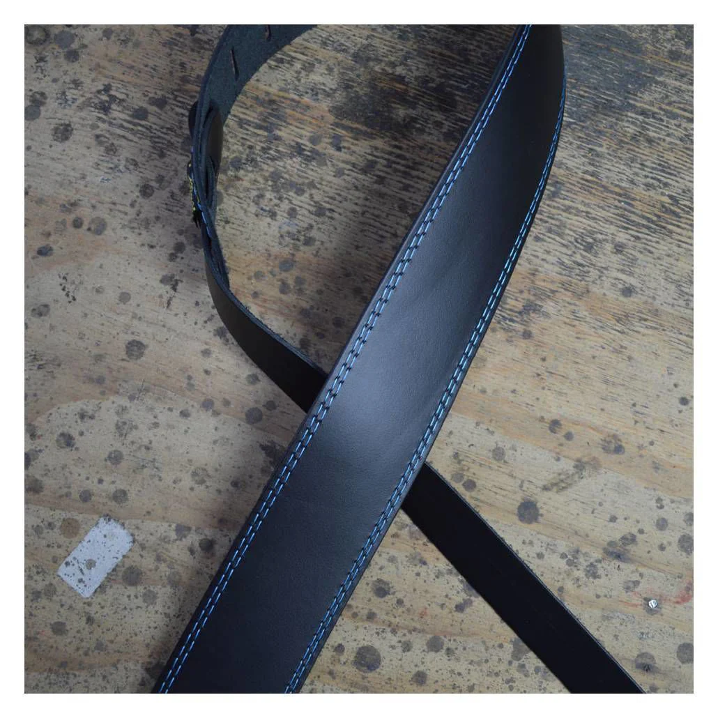 Colonial Leather 2.5 inch Basic Leather Guitar Strap - Double Stitched Blue - Image 2