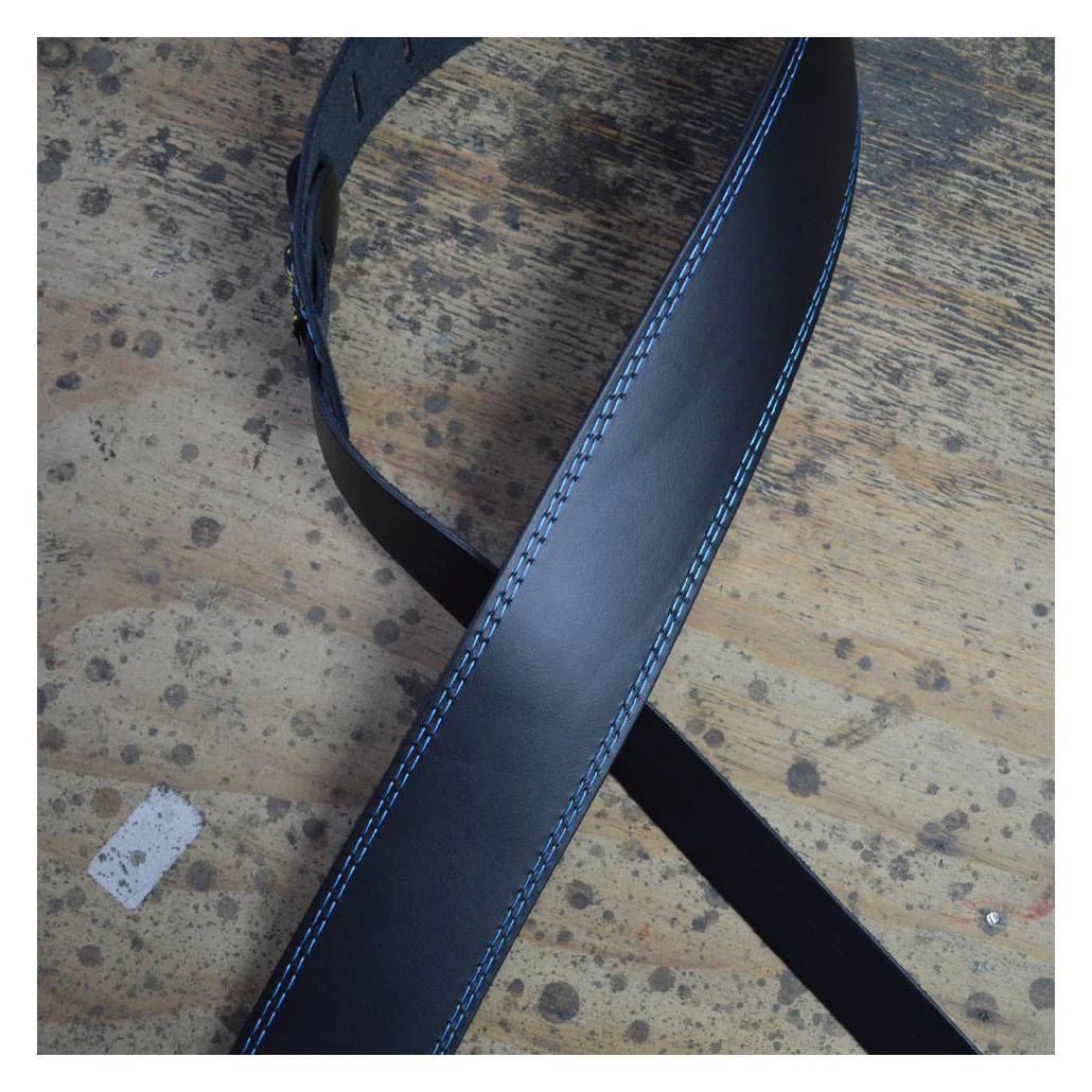 Colonial Leather 2.5 inch Basic Leather Guitar Strap - Double Stitched Blue - Image 4