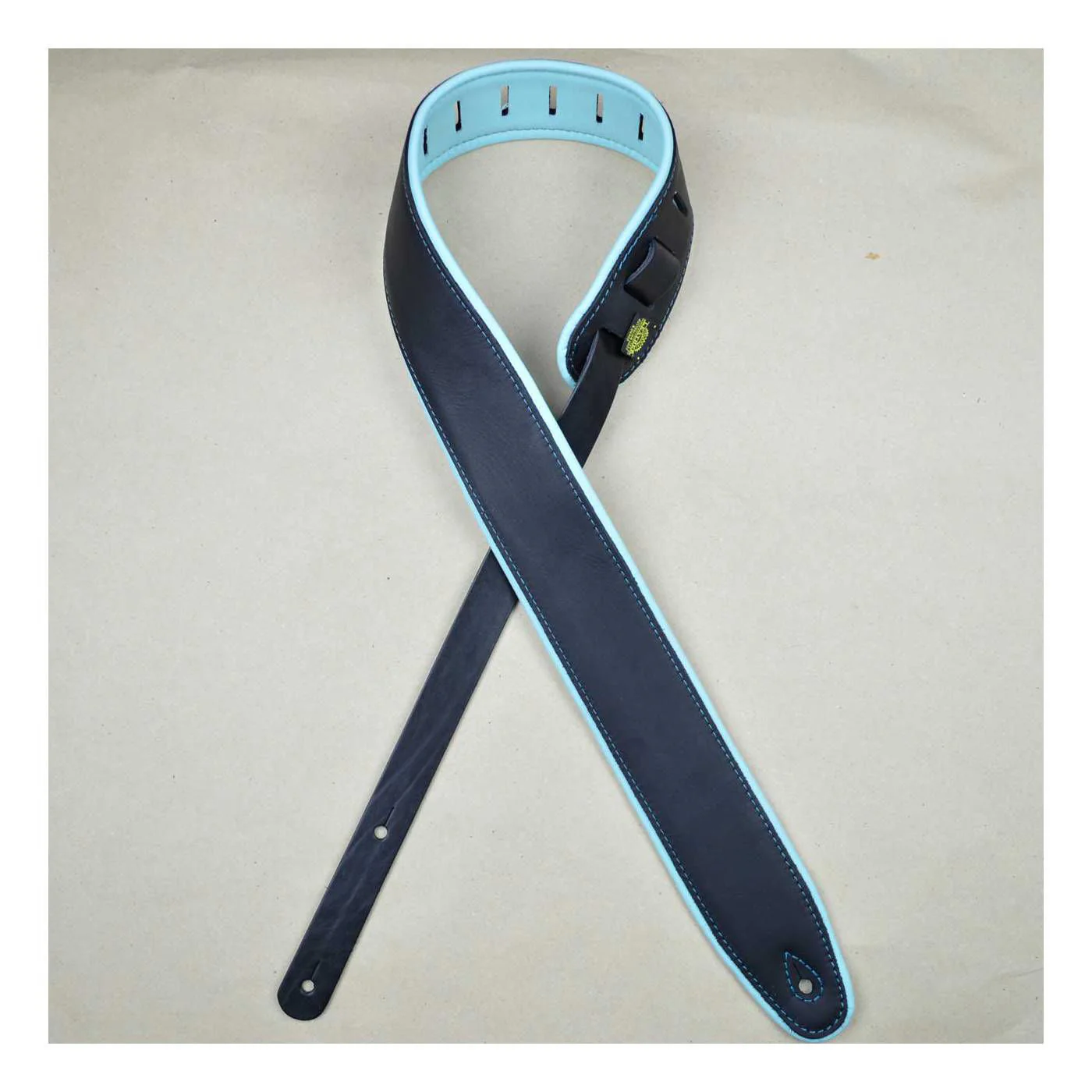 Colonial Leather 2.5inch Padded Upholstery Leather Guitar Strap - Black & Aqua - Image 4