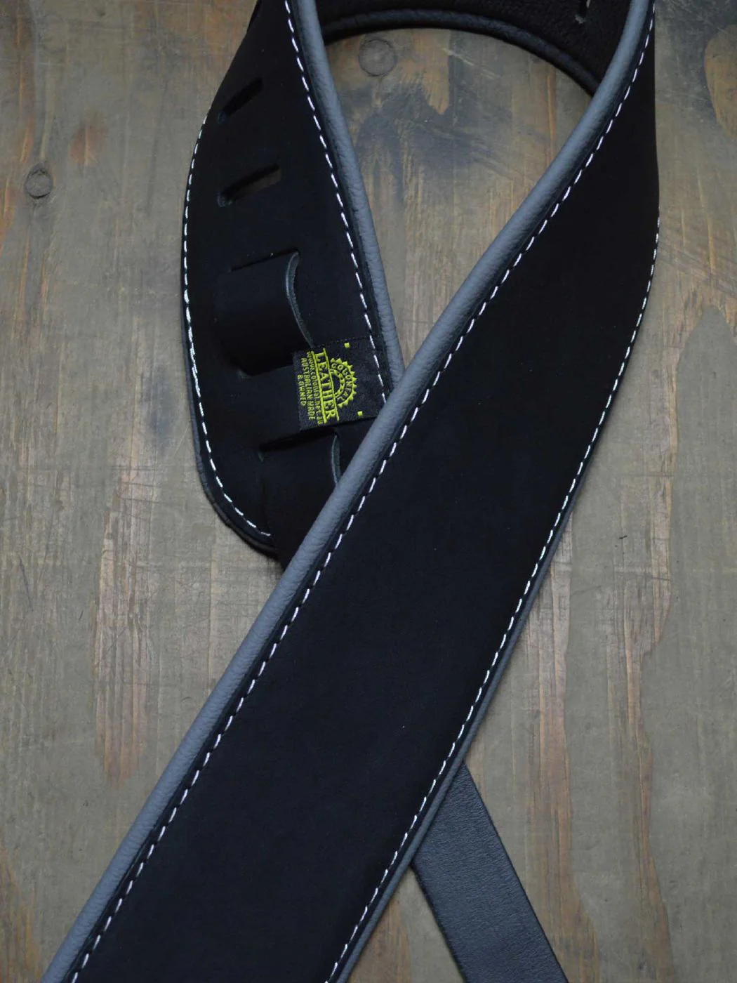 Colonial Leather 3.0inch Padded Upholstery Leather Guitar Strap - Black & Grey - Image 2