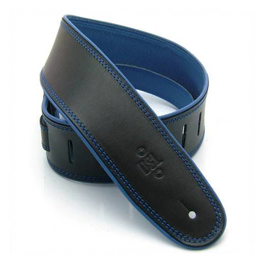 DSL Premium Rolled Edge Leather Guitar Strap 2.5" - Black/Blue - Image 2