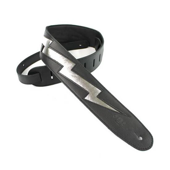 DSL Straps Designers Series Lightning Bolt Guitar Strap 2.5in - Black/Black (Silver) - Image 2