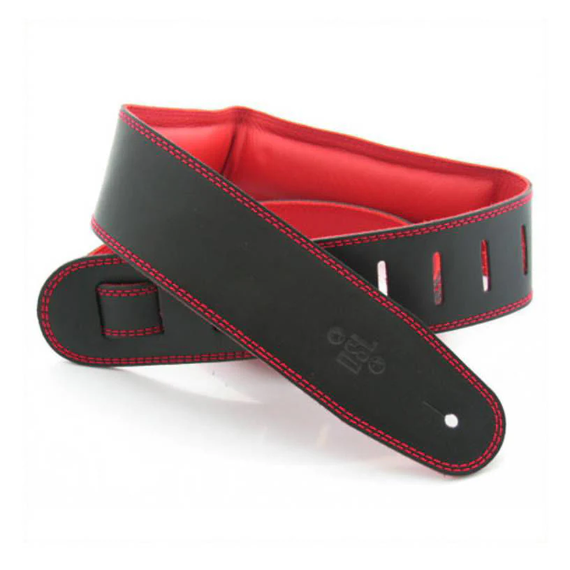 DSL Straps Premium Series Garment Leather Guitar Strap 2.5in Padded Garment - Black/Red - Image 2