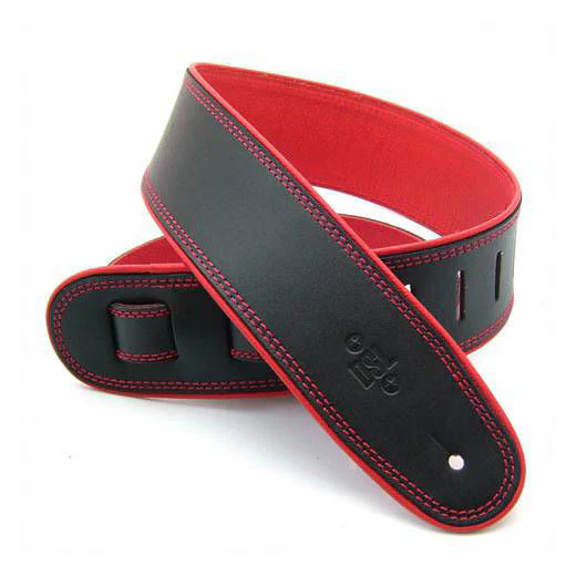 DSL Straps Premium Series Rolled Edge Leather Guitar Strap 2.5in - Black/Red - Image 2