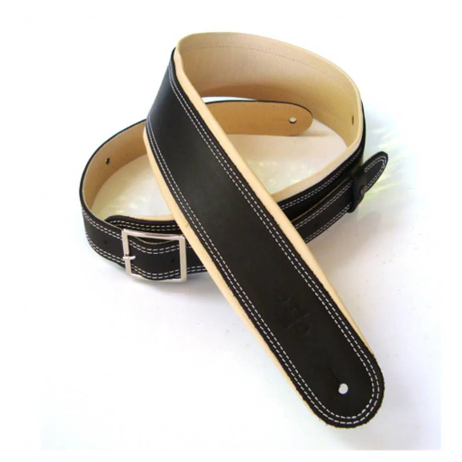 DSL Straps Premium Series Rolled Edge Leather Guitar Strap 2.5in Buckle - Black/Beige - Image 2