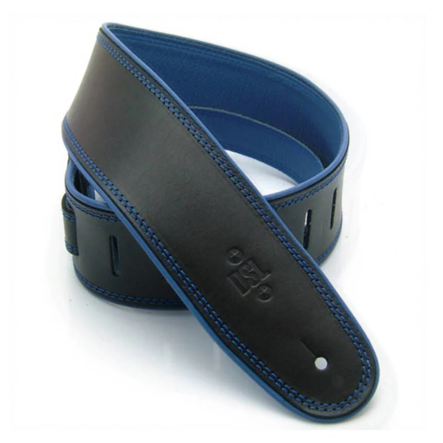 DSL Straps Premium Series Rolled Edge Leather Guitar Strap 2.5in Buckle - Black/Blue - Image 4