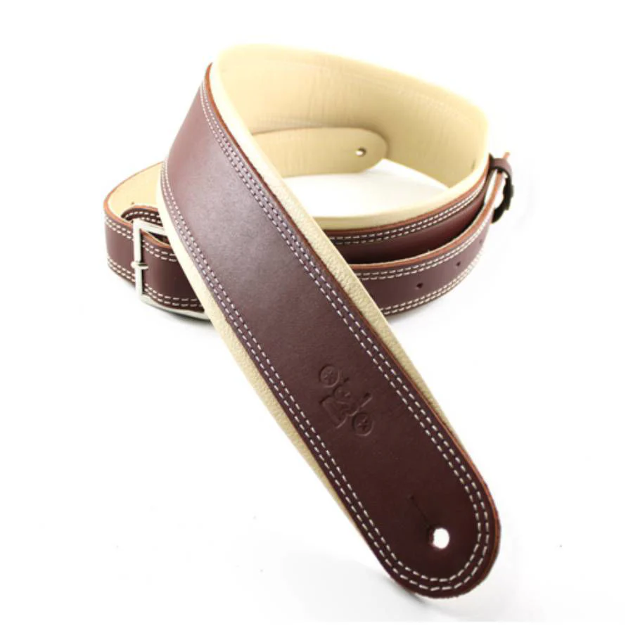 DSL Straps Premium Series Rolled Edge Leather Guitar Strap 2.5in Buckle - Maroon/Beige - Image 2
