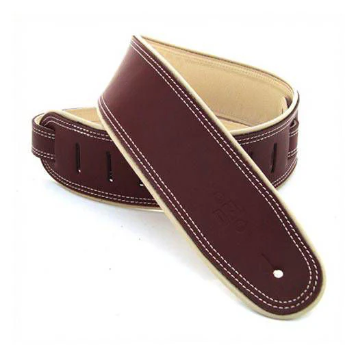 DSL Straps Premium Series Rolled Edge Leather Guitar Strap 2.5in - Maroon/Beige - Image 2