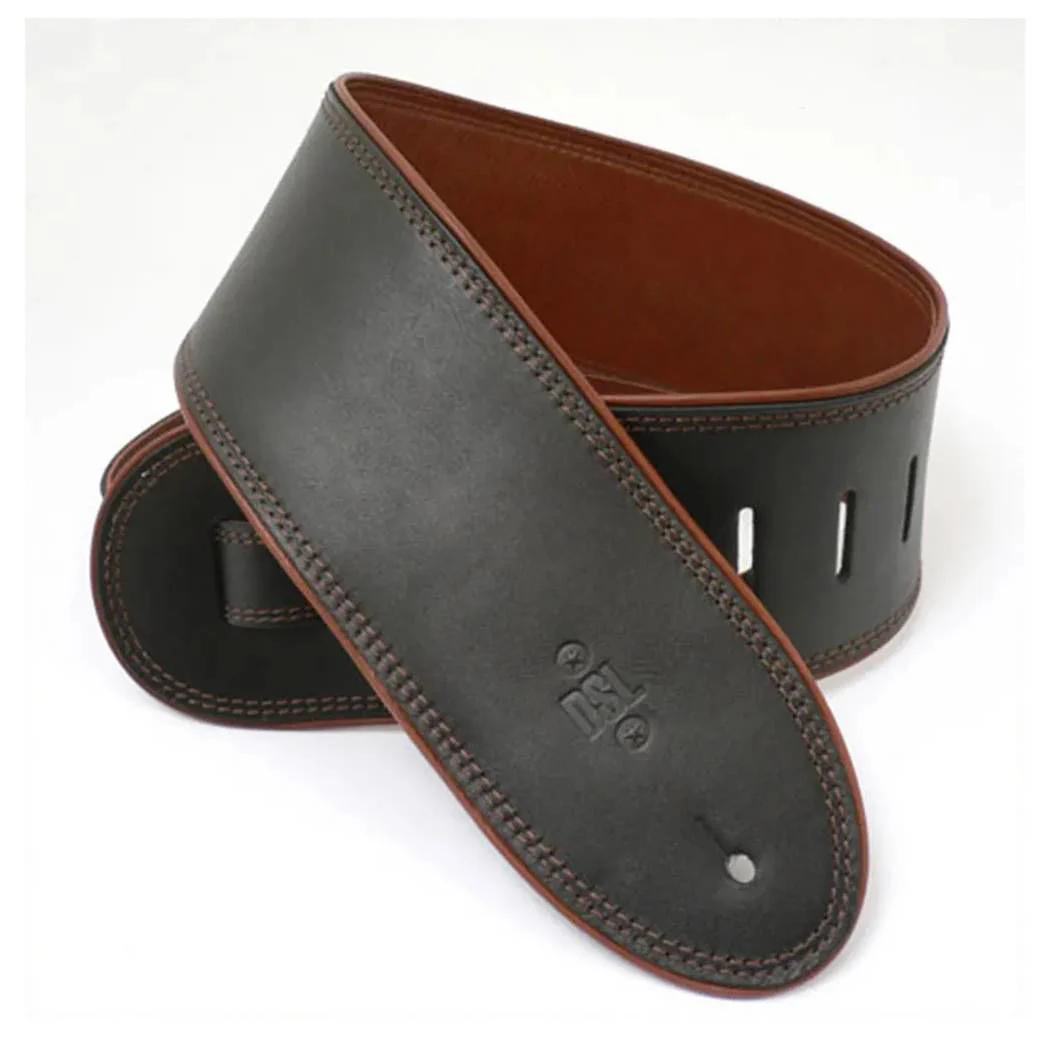DSL Straps Premium Series Rolled Edge Leather Guitar Strap 3.5in - Black/Brown - Image 2