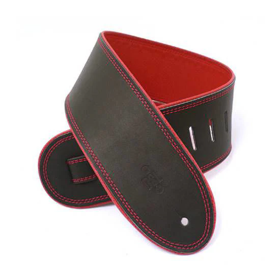 DSL Straps Premium Series Rolled Edge Leather Guitar Strap 3.5in - Black/Red - Image 2