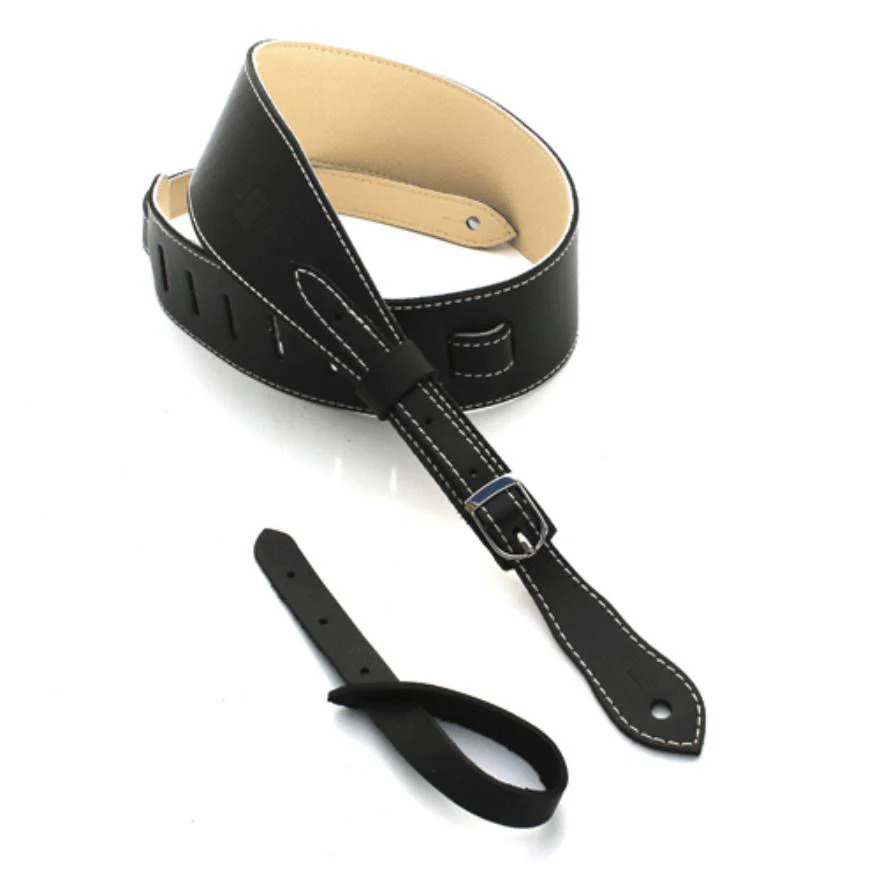 DSL Straps Premium Series Slender Leather Guitar Strap 2.5in Buckle - Black/Beige - Image 3