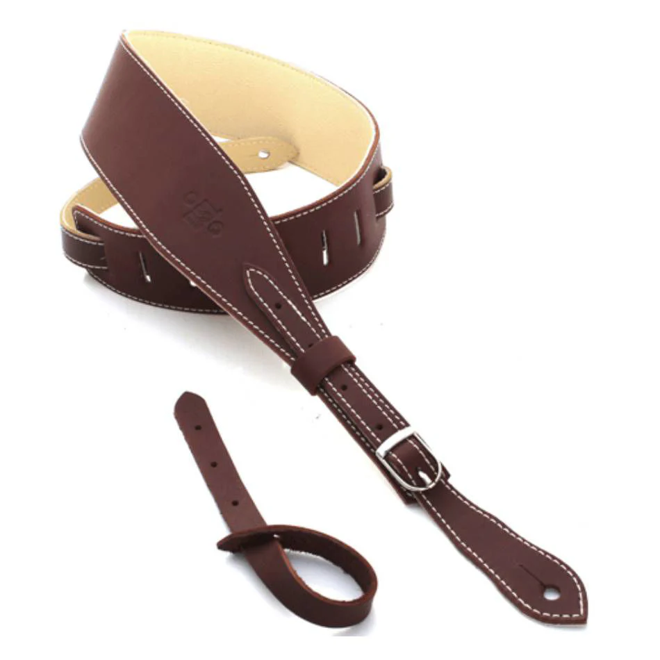 DSL Straps Premium Series Slender Leather Guitar Strap 2.5in Buckle - Maroon/Beige - Image 2