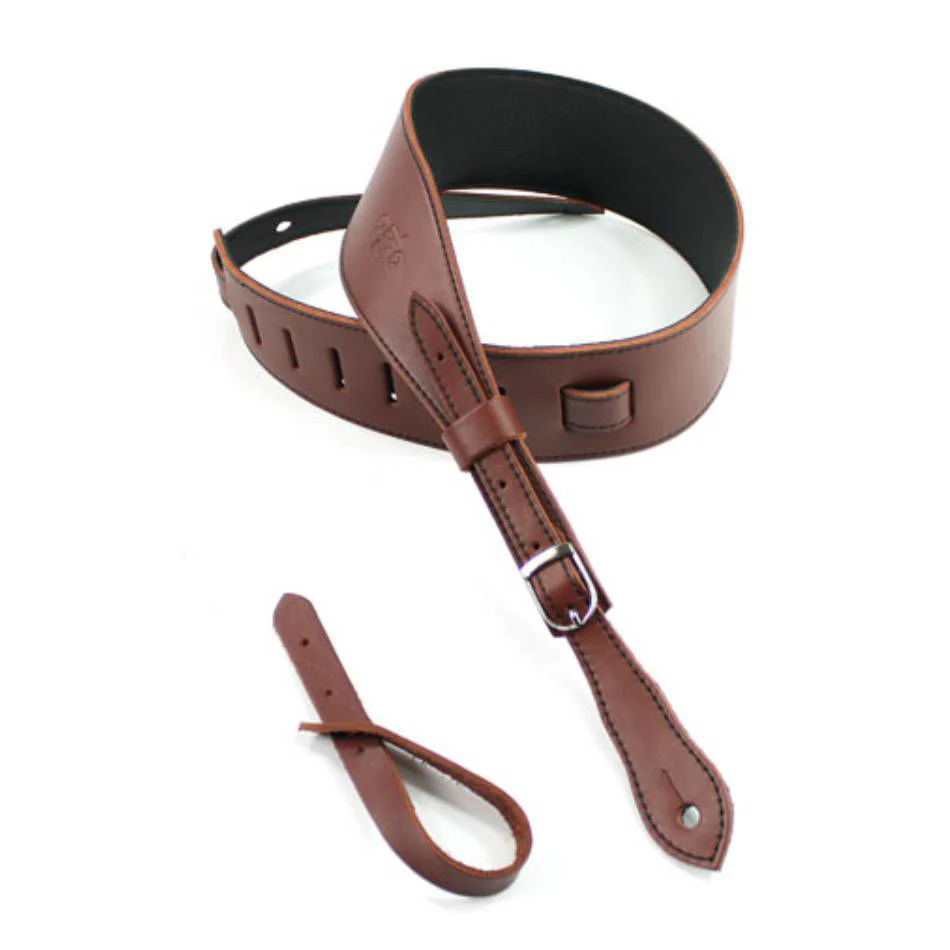 DSL Straps Premium Series Slender Leather Guitar Strap 2.5in Buckle - Maroon/Black - Image 2