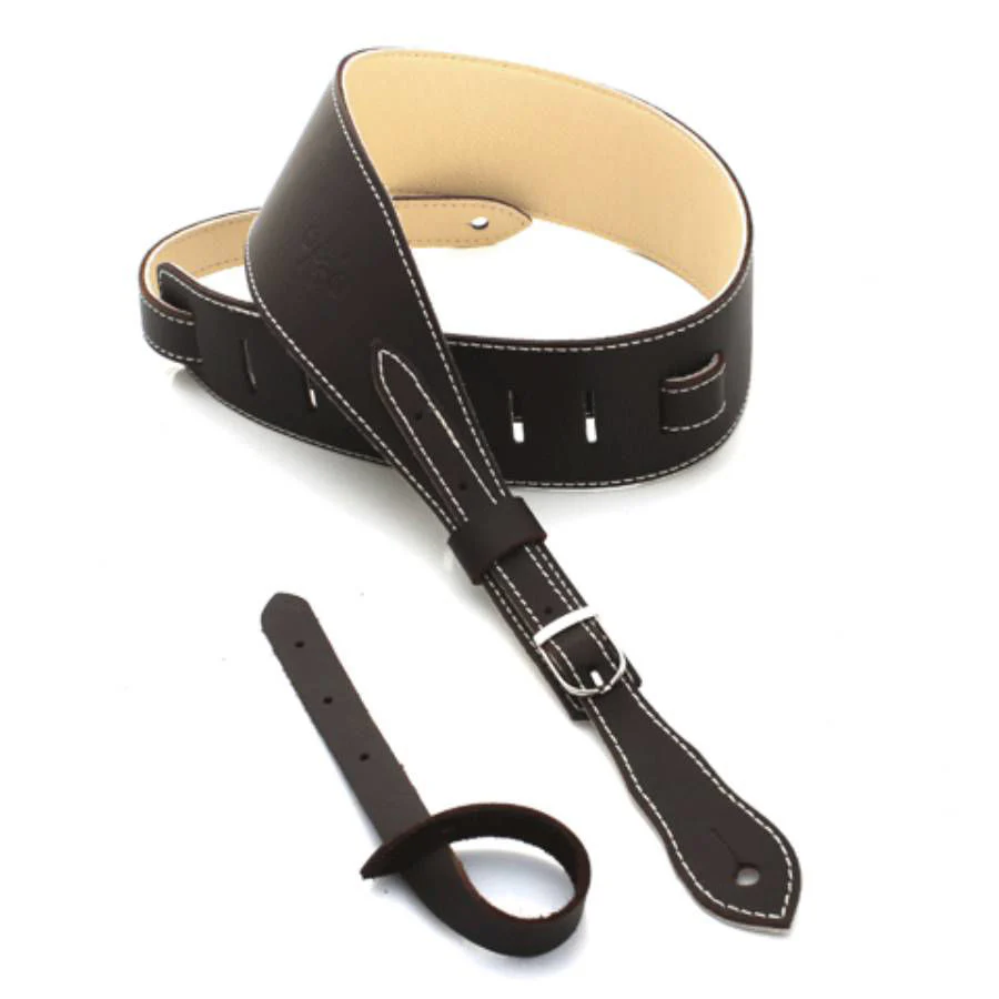 DSL Straps Premium Series Slender Leather Guitar Strap 2.5in Buckle - Saddle Brown/Beige - Image 2