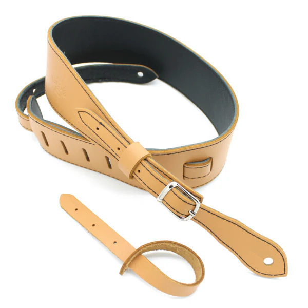 DSL Straps Premium Series Slender Leather Guitar Strap 2.5in Buckle - Tan/Black - Image 2