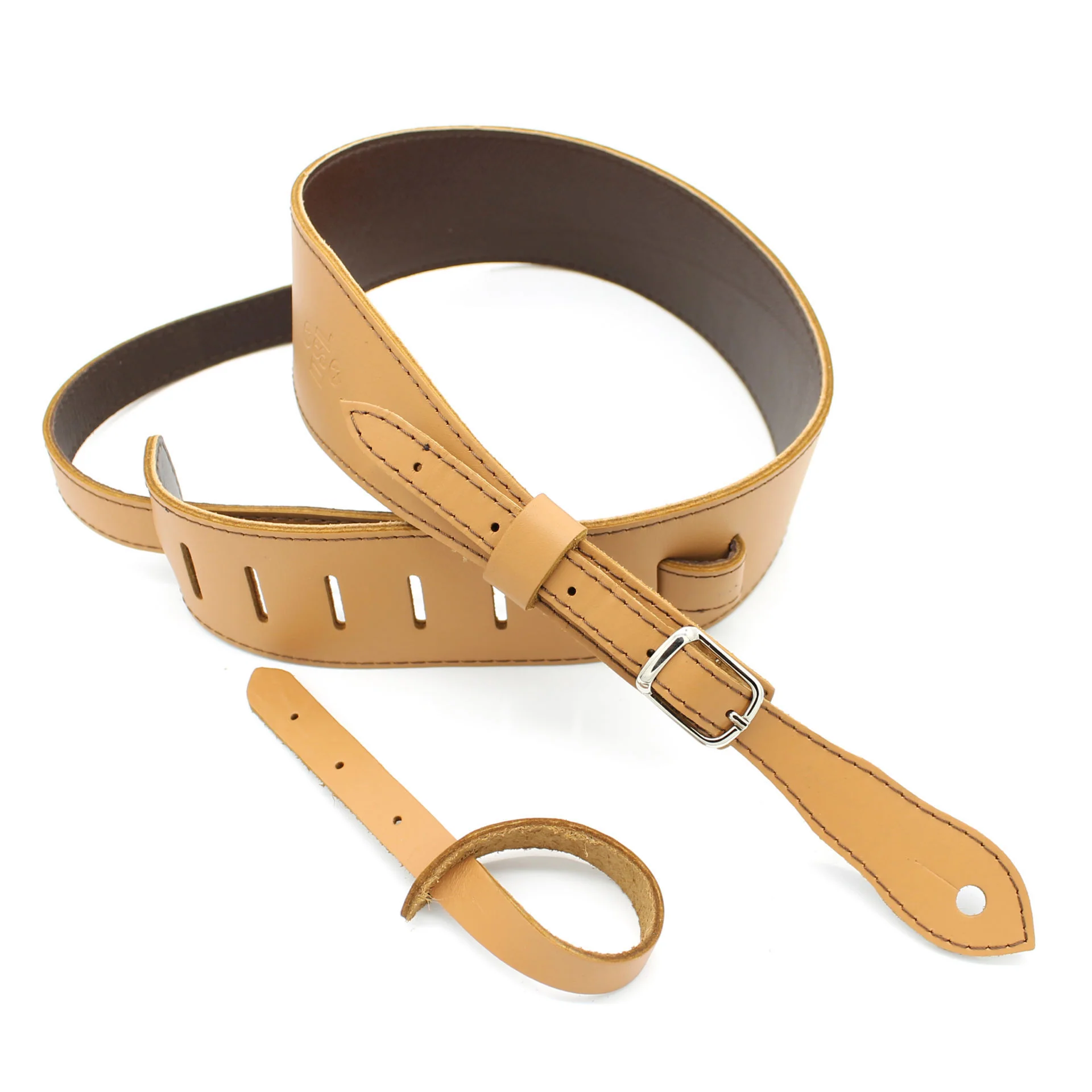 DSL Straps Premium Series Slender Leather Guitar Strap 2.5in Buckle - Tan/Brown - Image 2