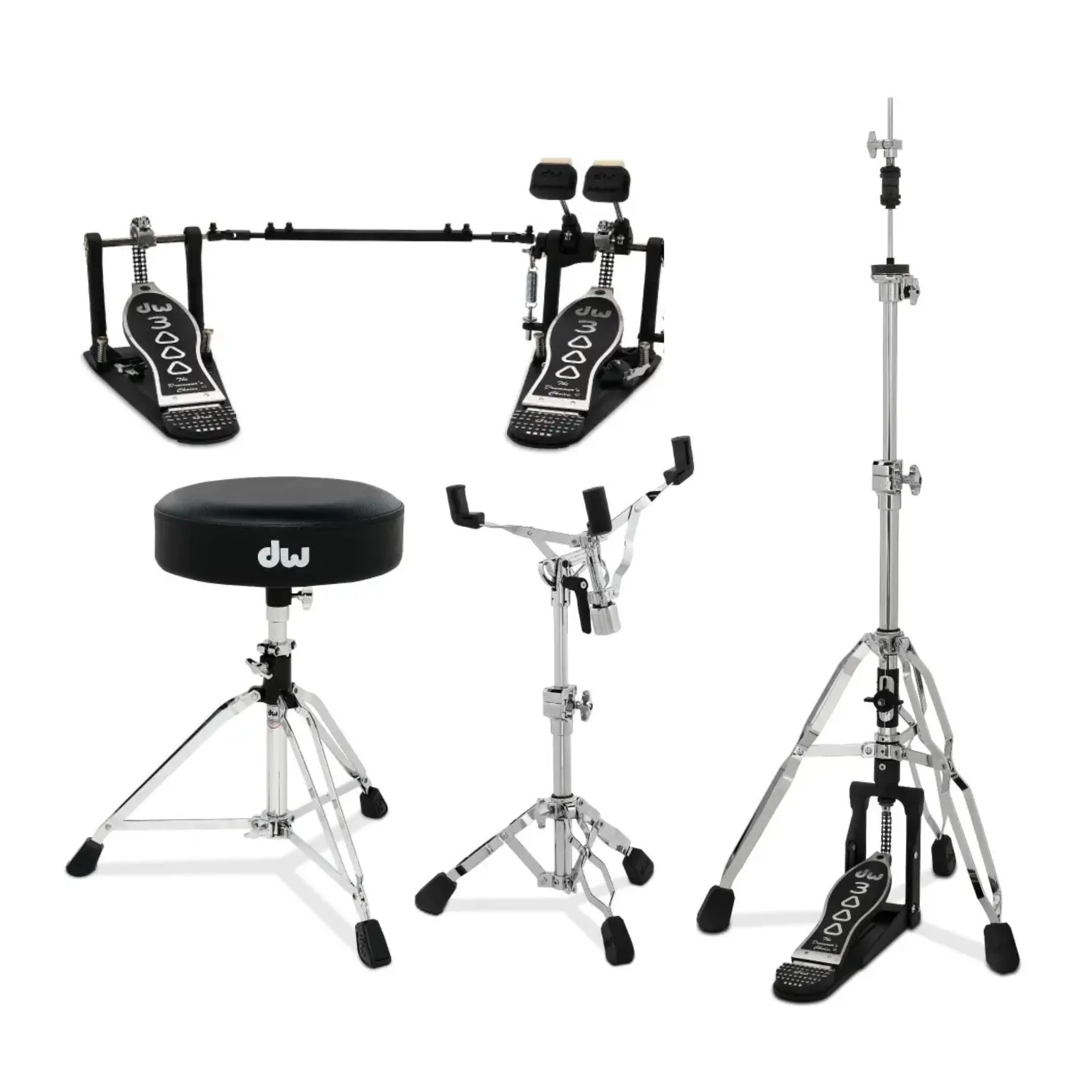 DW 3000 4pc Hardware Pack (Double Pedal, 3-leg HH Stand, SN Stand & Stool) - Image 3