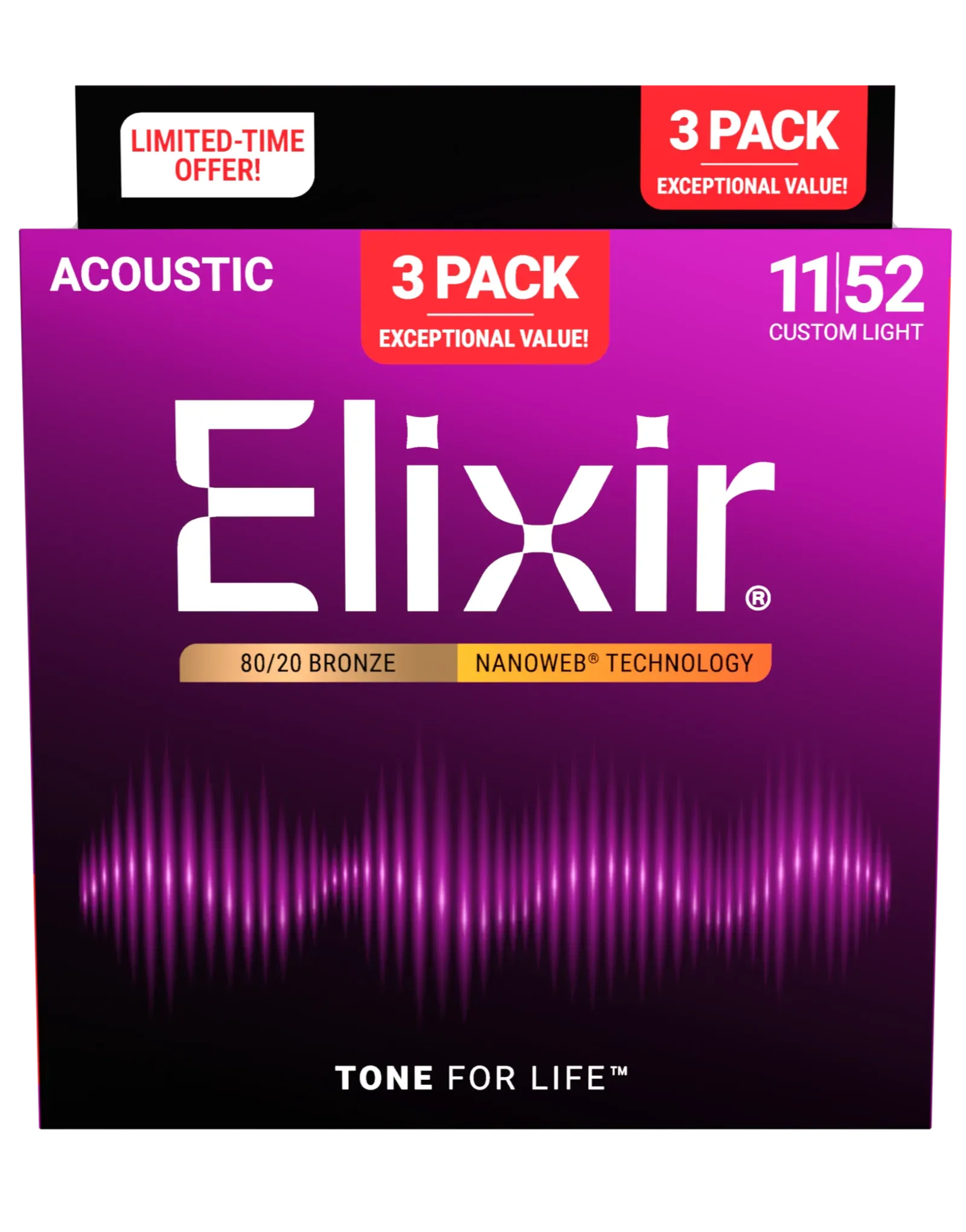 Elixir 16564 Nanoweb 80/20 11-52 3 Pk Custom Light Acoustic Guitar Strings