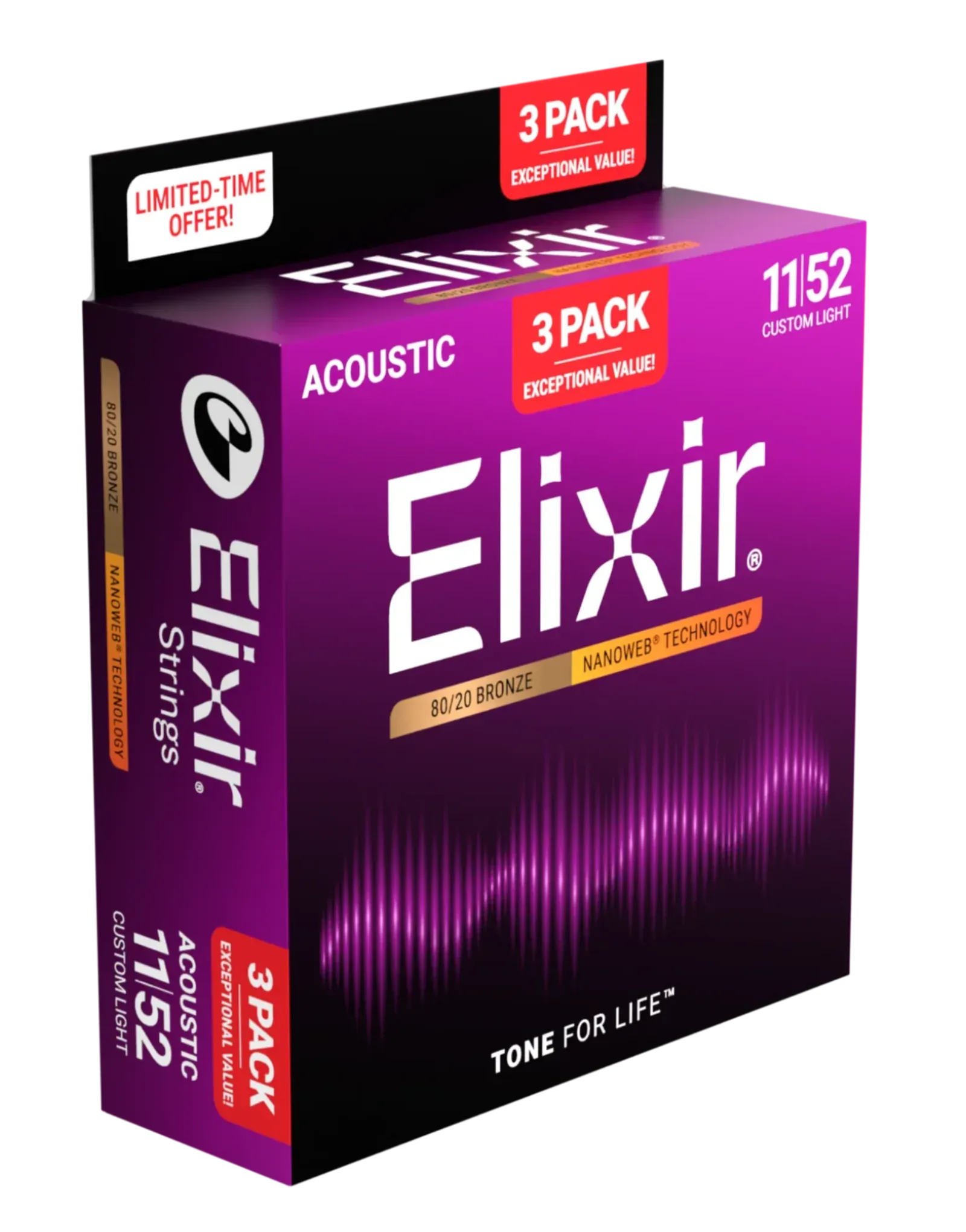 Elixir 16564 Nanoweb 80/20 11-52 3 Pk Custom Light Acoustic Guitar Strings - Image 2