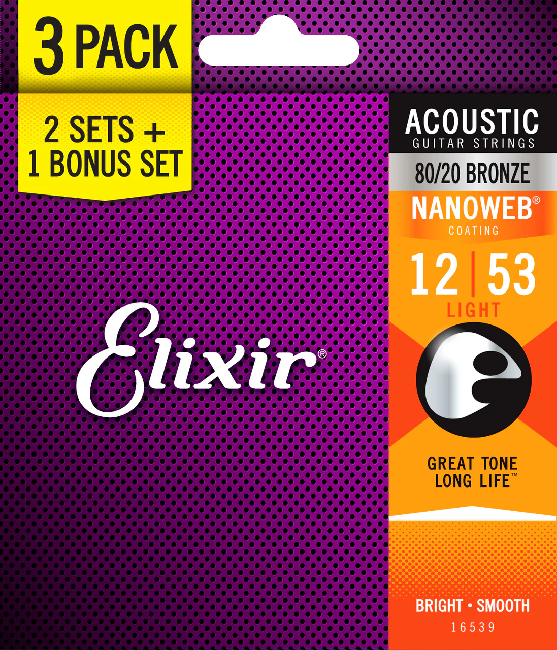 Elixir 16565 Nanoweb 80/20 12-53 3 Pack Light Acoustic Guitar Strings