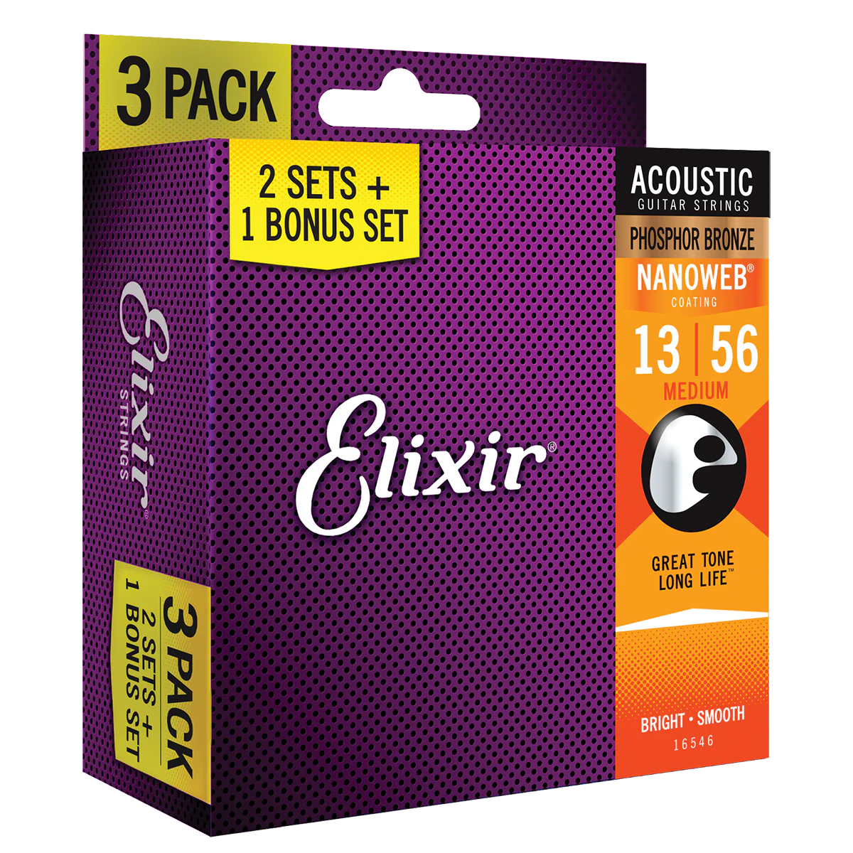 Elixir 16570 Nanoweb Phosphor Bronze 13-56 3 Pack Medium Acoustic Strings