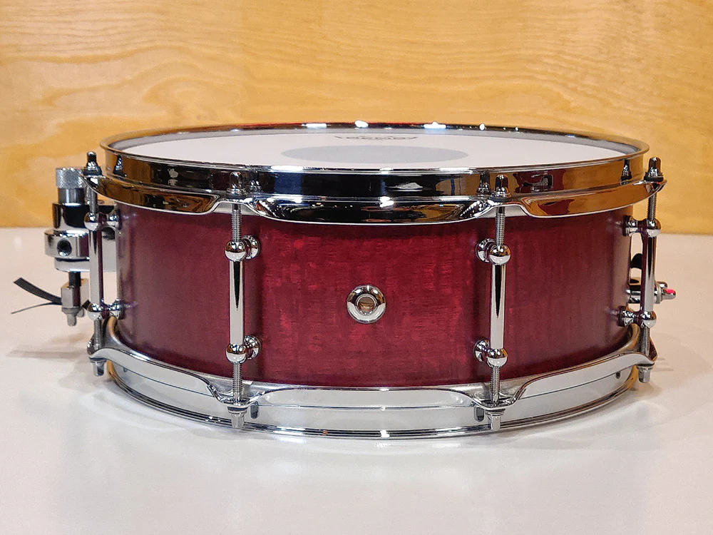 Evetts 13 x 5 Spotted Gum Snare Drum Smooth Satin Red Silky Oak Veneer - Image 2