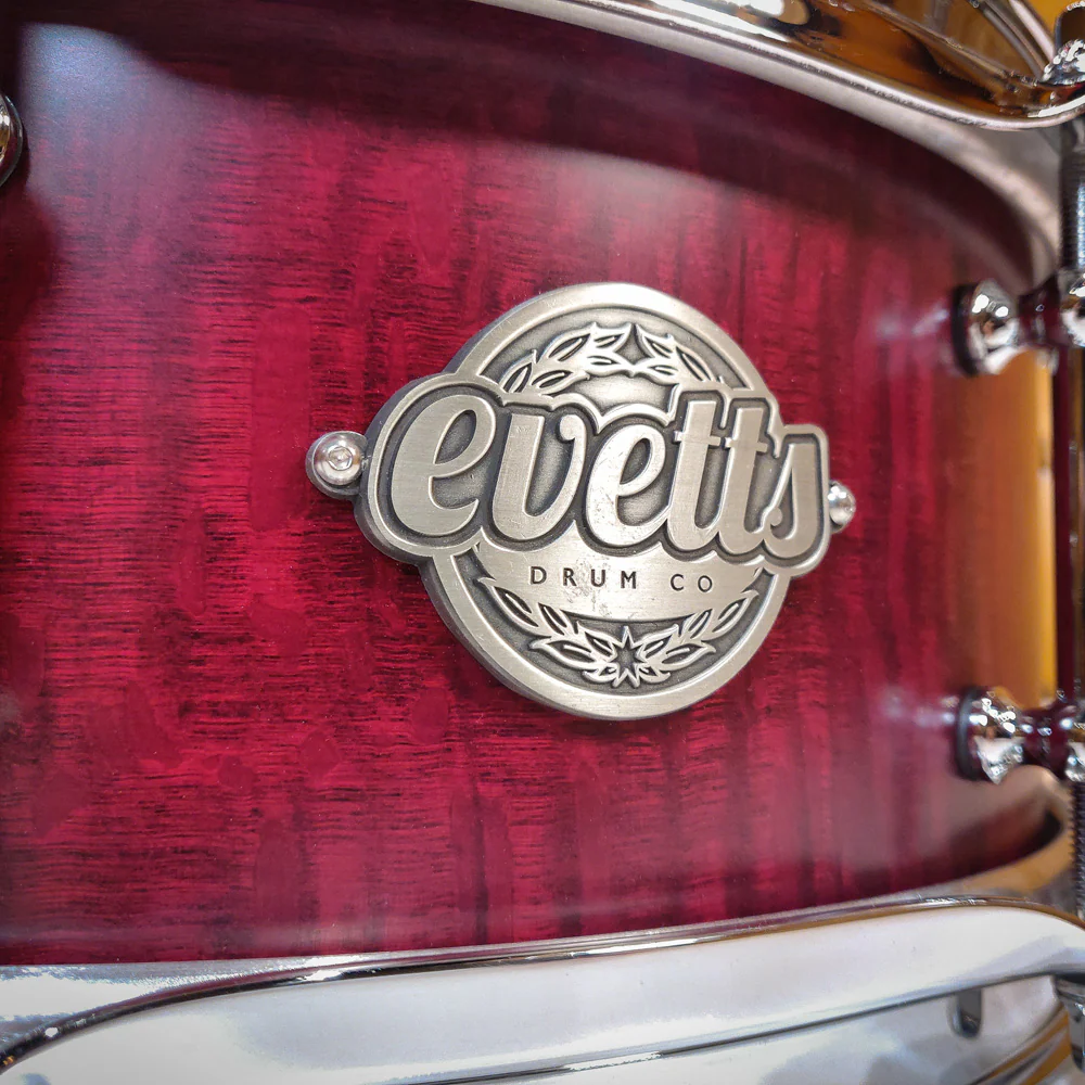 Evetts 13 x 5 Spotted Gum Snare Drum Smooth Satin Red Silky Oak Veneer - Image 3