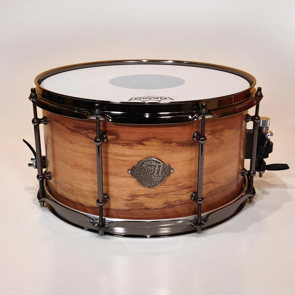 Evetts 13x7 inch Spotted Gum Snare Drum in Smooth Satin with Nickel Black Hardware - Image 2