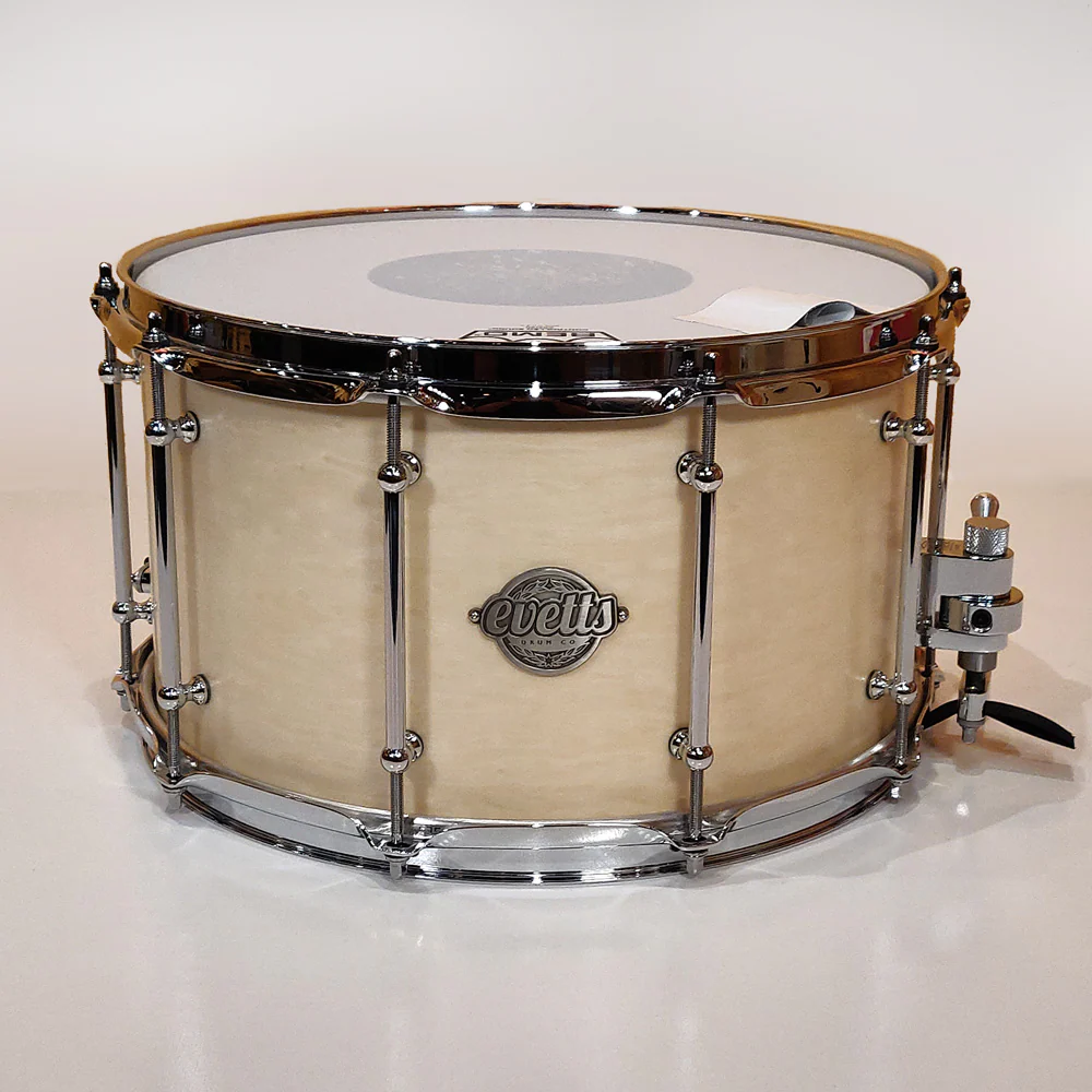 Evetts 14x8 inch Spotted Gum Snare Drum in Smooth Satin White Birdseye Veneer - Image 2