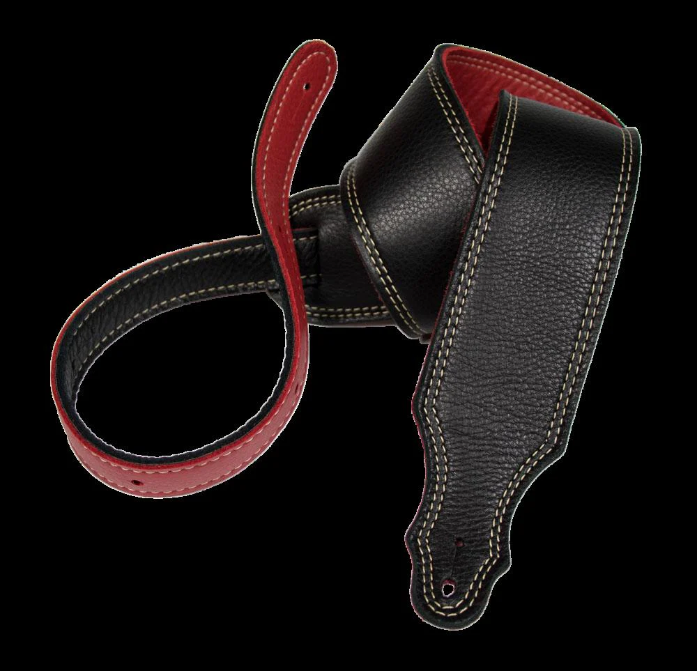 Franklin 2.5 Inch Black and Red Reversible Leather with Natural Stitching Guitar Strap - Image 2