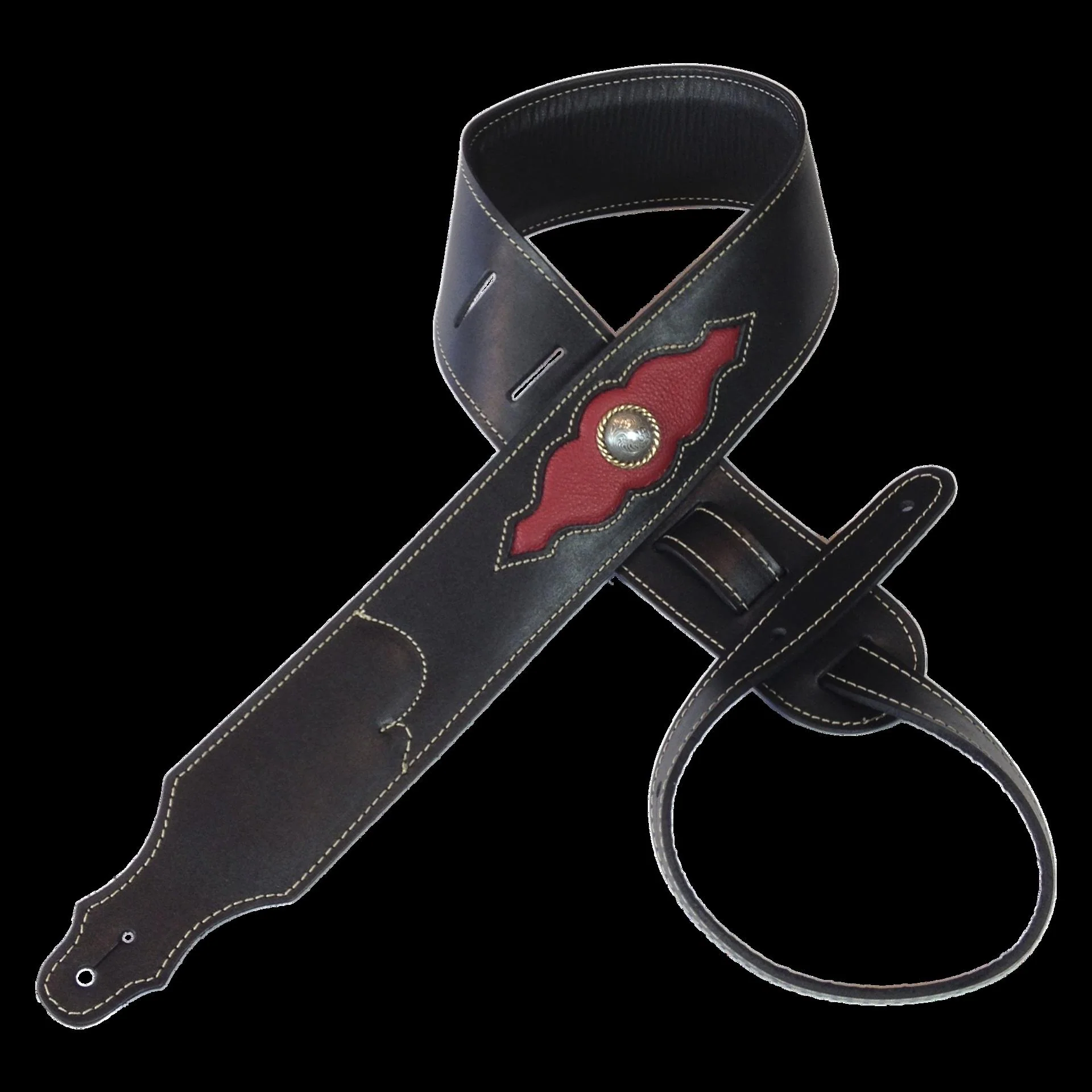 Franklin 2.5 Inch Padded Black Leather with Red Insert Concho Guitar Strap - Image 2