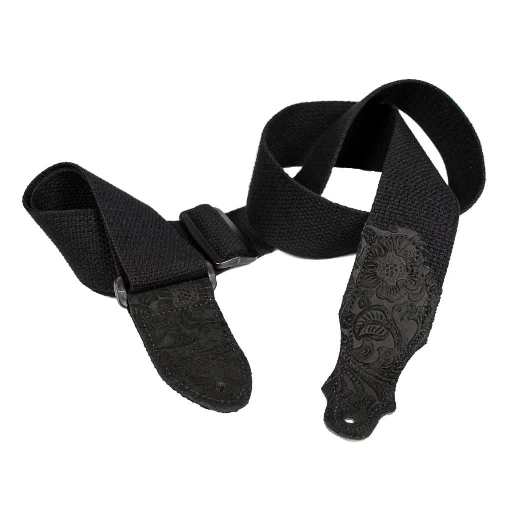 Franklin 2 Inch Black Cotton with Black Embossed Suede End Tab Guitar Strap
