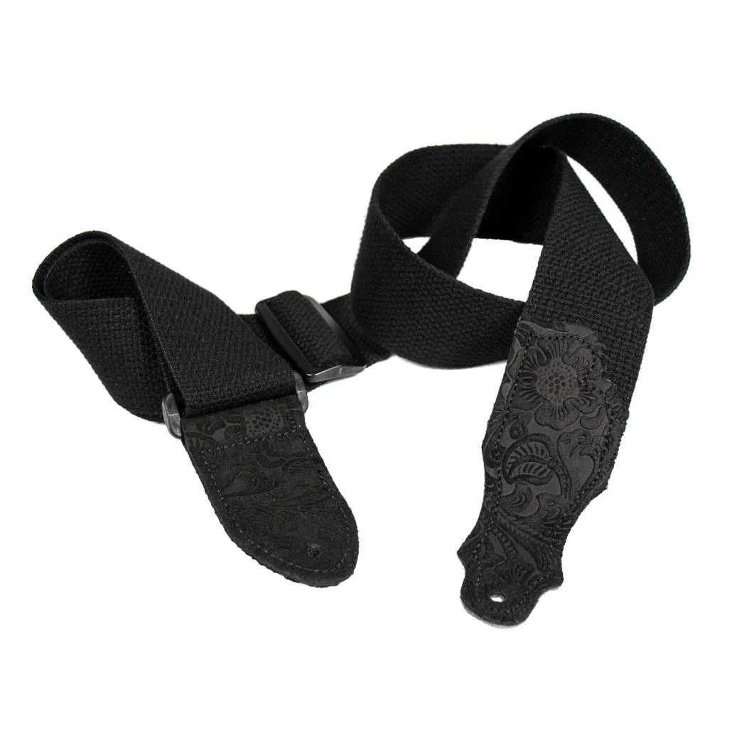 Franklin 2 Inch Black Cotton with Black Embossed Suede End Tab Guitar Strap - Image 2