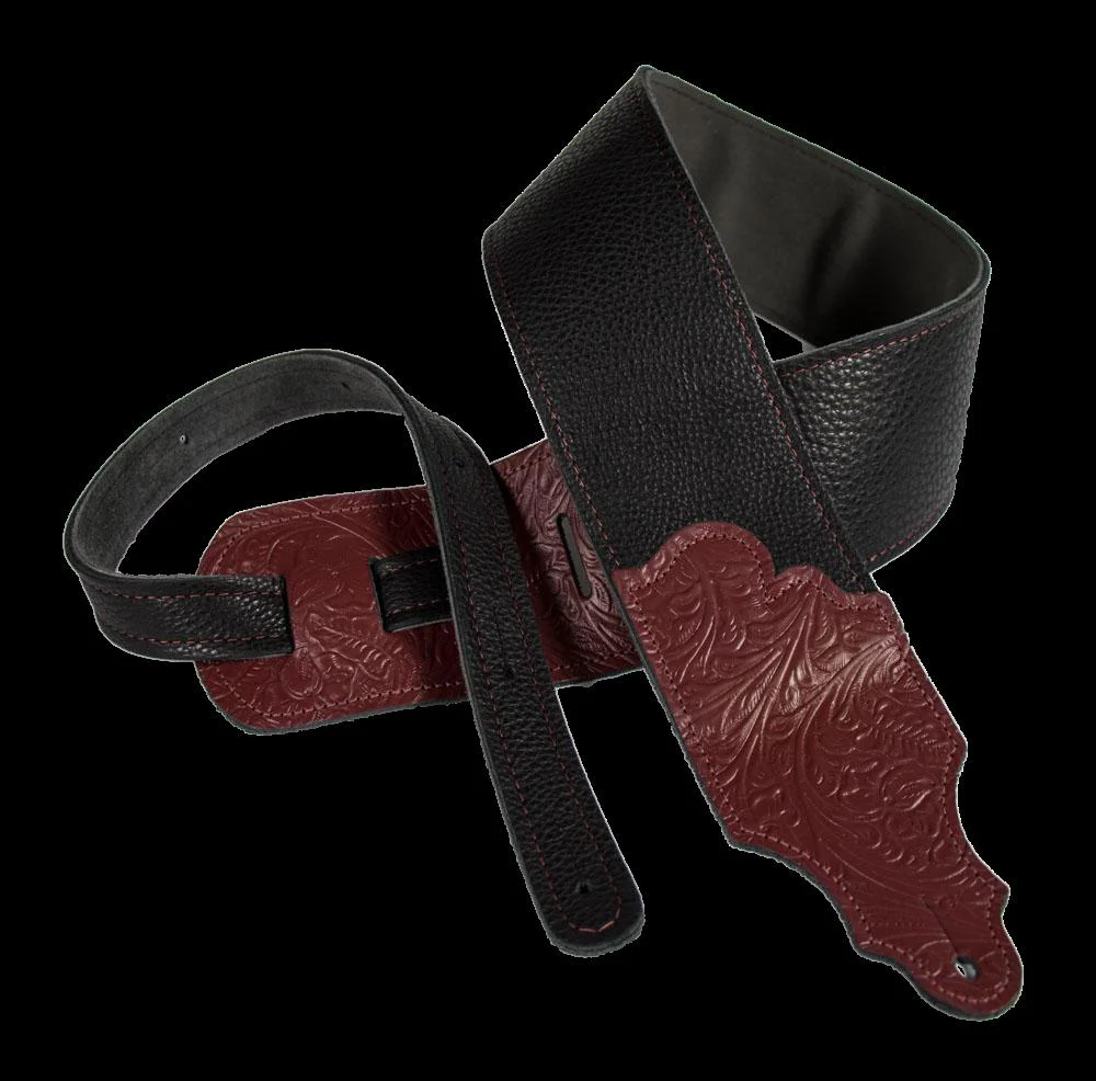 Franklin 3 Inch Black Leather with Red Tooled End Tab Guitar Strap - Image 2