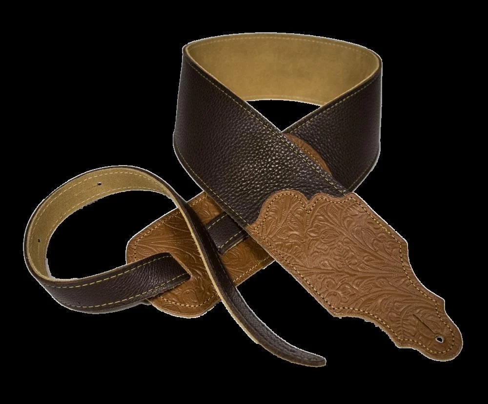 Franklin 3 Inch Chocolate Leather with Caramel Tooled End Tab Guitar Strap