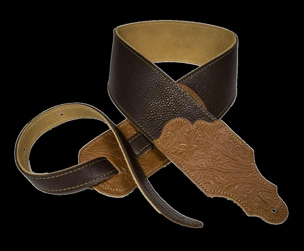 Franklin 3 Inch Chocolate Leather with Caramel Tooled End Tab Guitar Strap - Image 2