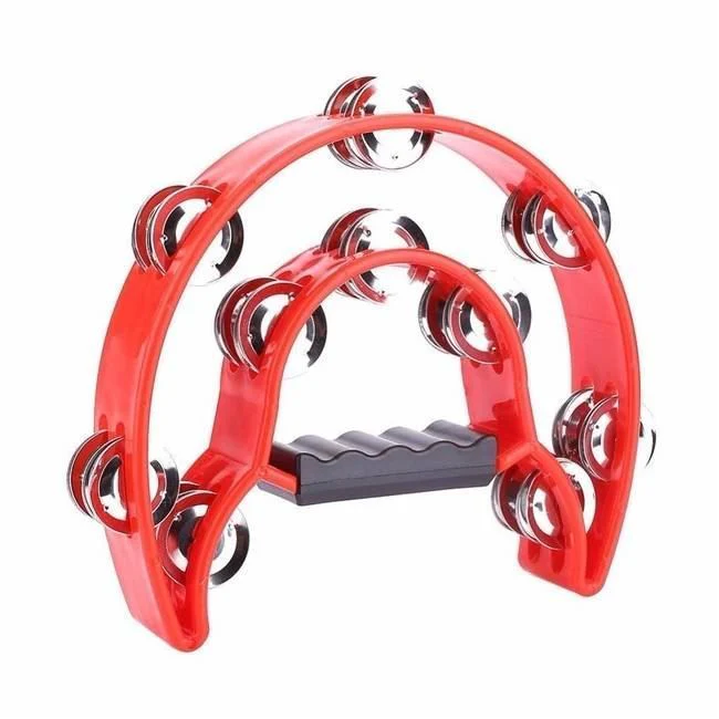 Mano Percussion 9x6inch Double Half Moon Tambourine with 20 Pairs of Jingles in Double Row - Red - Image 2