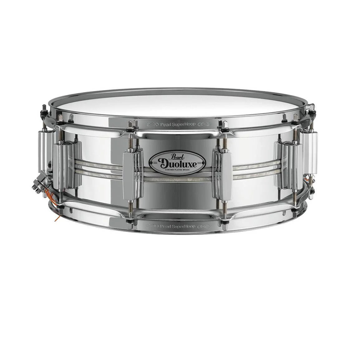 Pearl Duoluxe Chrome-over-Brass 14x5 Snare Drum with Twin Nicotine White Marine Pearl Inlays - Image 10