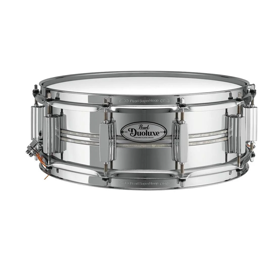 Pearl Duoluxe Chrome-over-Brass 14x5 Snare Drum with Twin Nicotine White Marine Pearl Inlays - Image 5