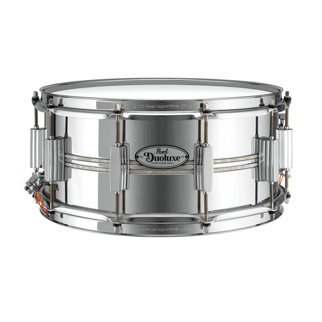 Pearl Duoluxe Chrome-over-Brass 14x6.5 Snare Drum with Twin Nicotine White Marine Pearl Inlays - Image 7
