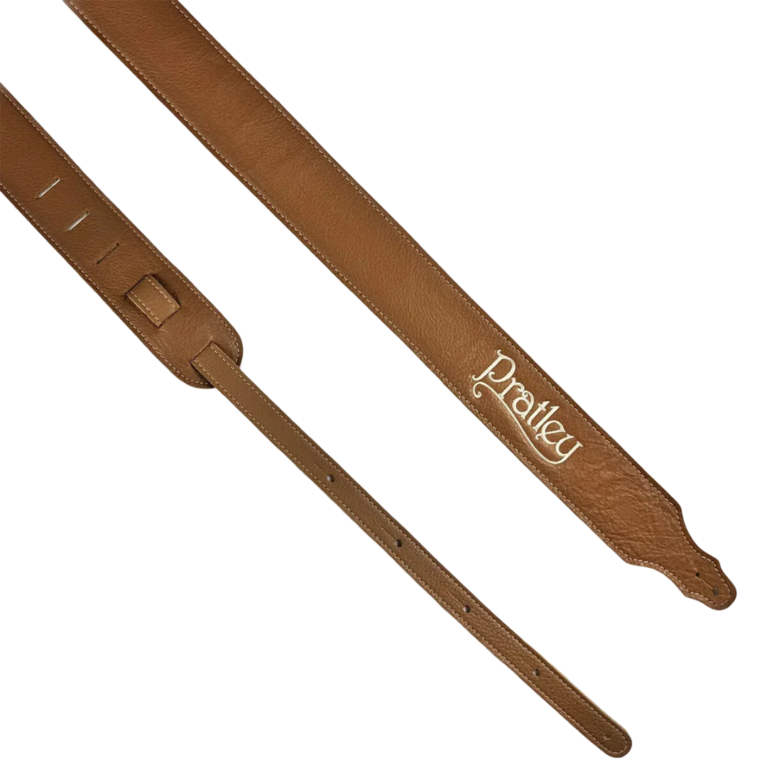 Pratley 2.5 Leather Guitar Strap w/Suede Back & Embroided Logo - Caramel