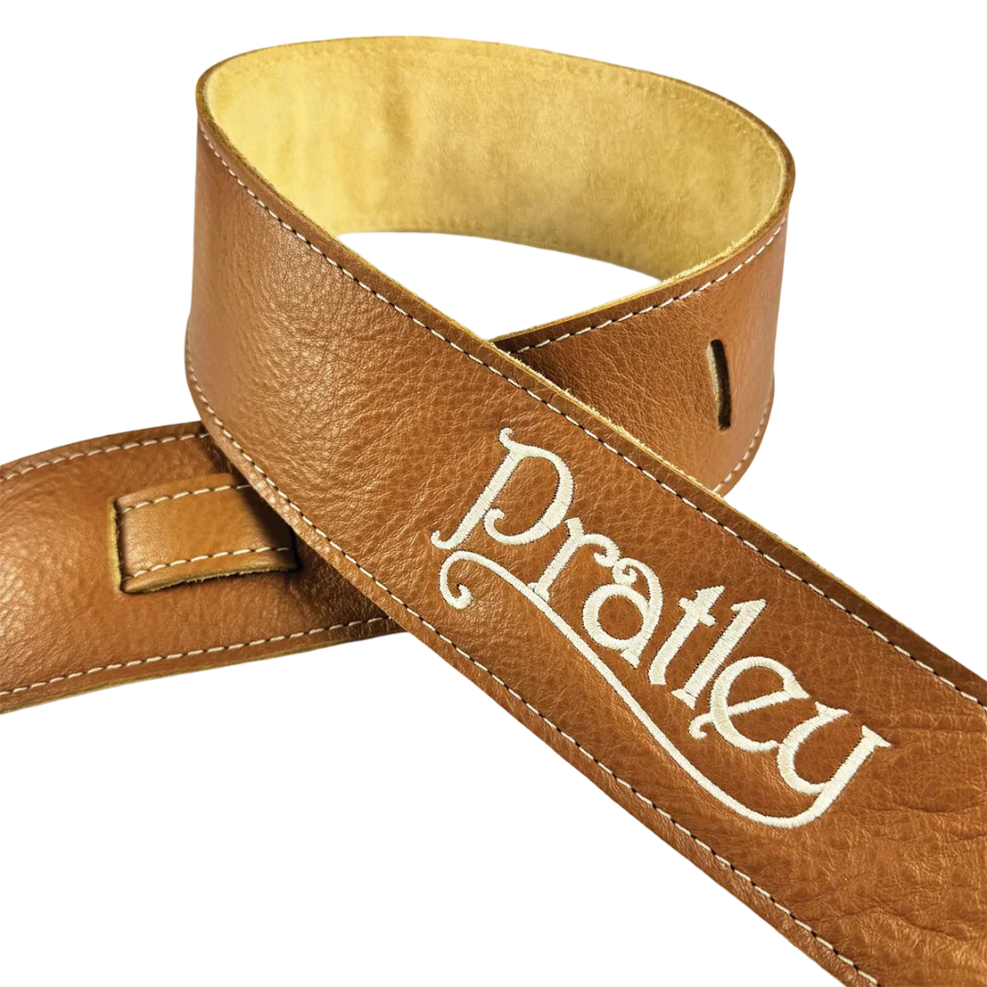 Pratley 2.5 Leather Guitar Strap w/Suede Back & Embroided Logo - Caramel - Image 3