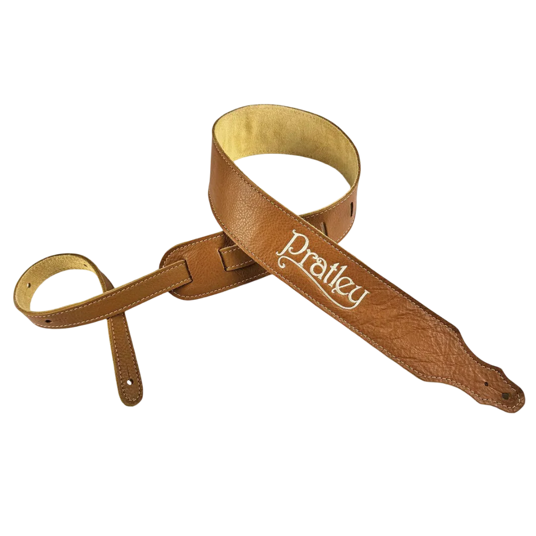 Pratley 2.5 Leather Guitar Strap w/Suede Back & Embroided Logo - Caramel - Image 4