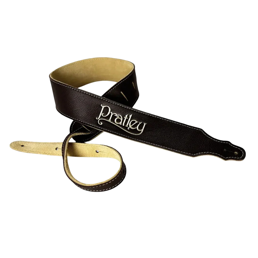 Pratley 2.5 Leather Guitar Strap w/Suede Back & Embroided Logo - Chocolate - Image 2