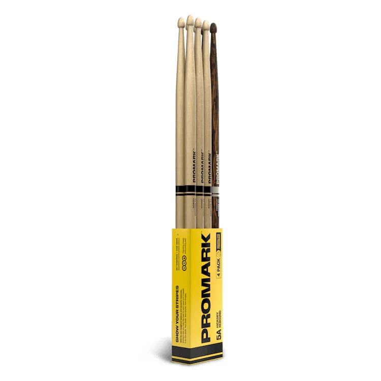 ProMark Rebound 5A Lacquered Hickory Wood Tip Drumsticks - 4 Pack with Bonus FireGrain Pair