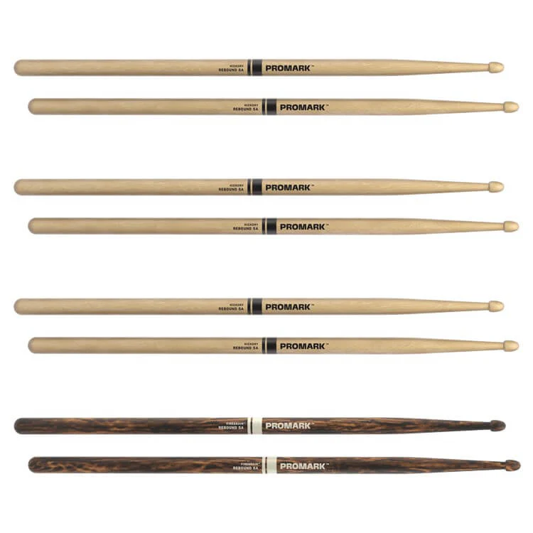 ProMark Rebound 5A Lacquered Hickory Wood Tip Drumsticks - 4 Pack with Bonus FireGrain Pair - Image 4