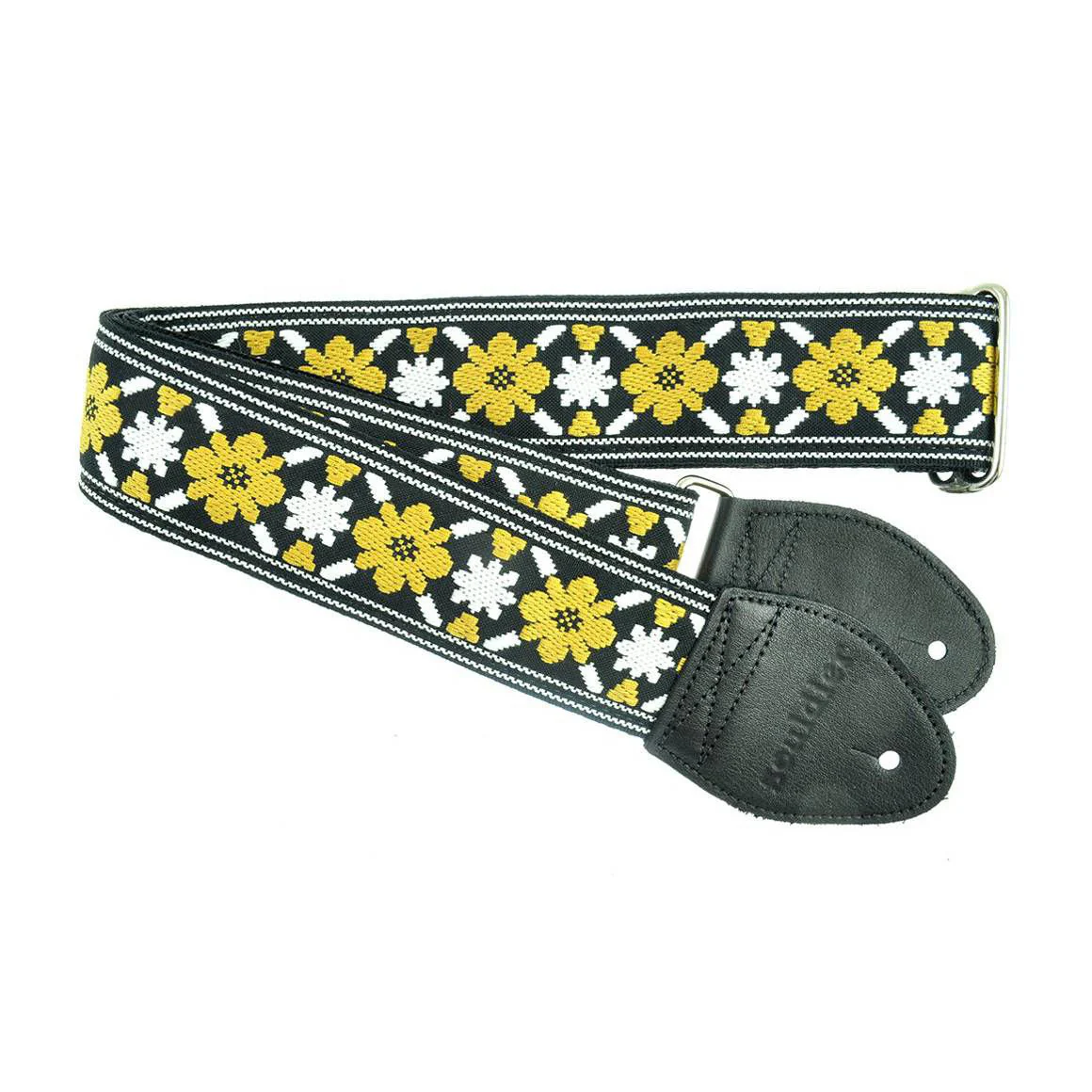 Souldier USA Guitar Strap 2in - Tulip Rooftop Lennon Gold Flower WH star on BK - Image 2