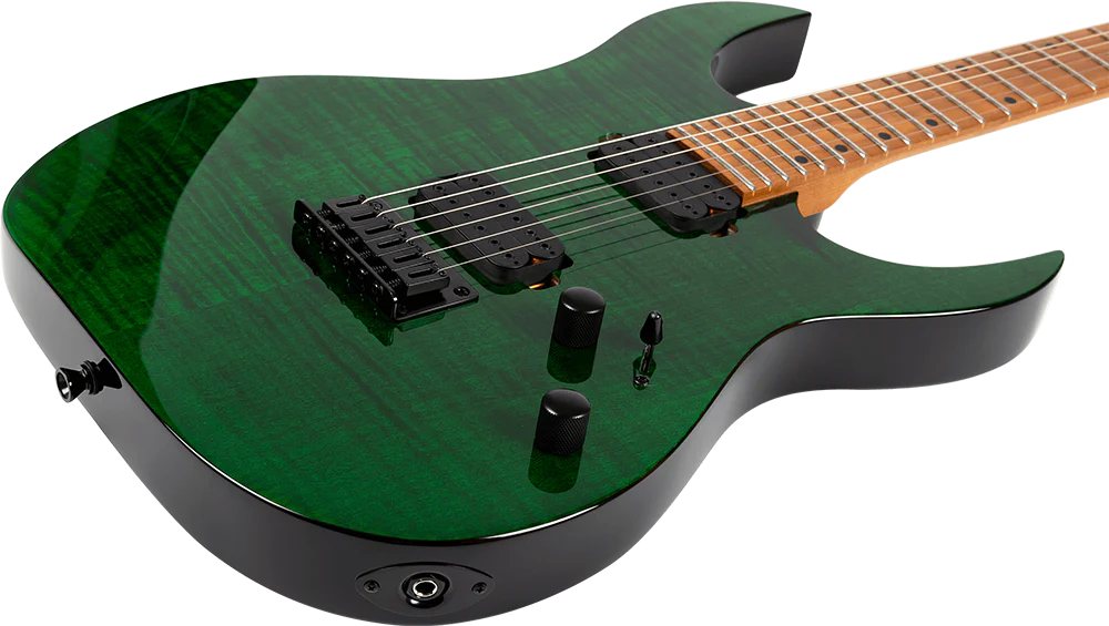 Spira S-450 TGR HH Electric Guitar with Flame Maple Top and Roasted Maple Neck in Transparent Green - Image 3