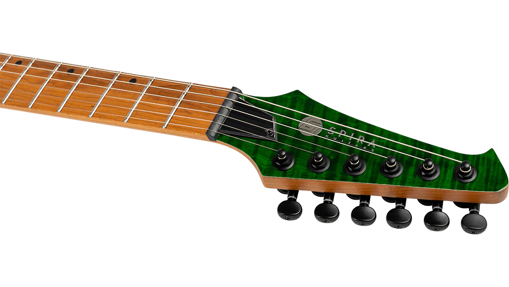 Spira S-450 TGR HH Electric Guitar with Flame Maple Top and Roasted Maple Neck in Transparent Green - Image 4