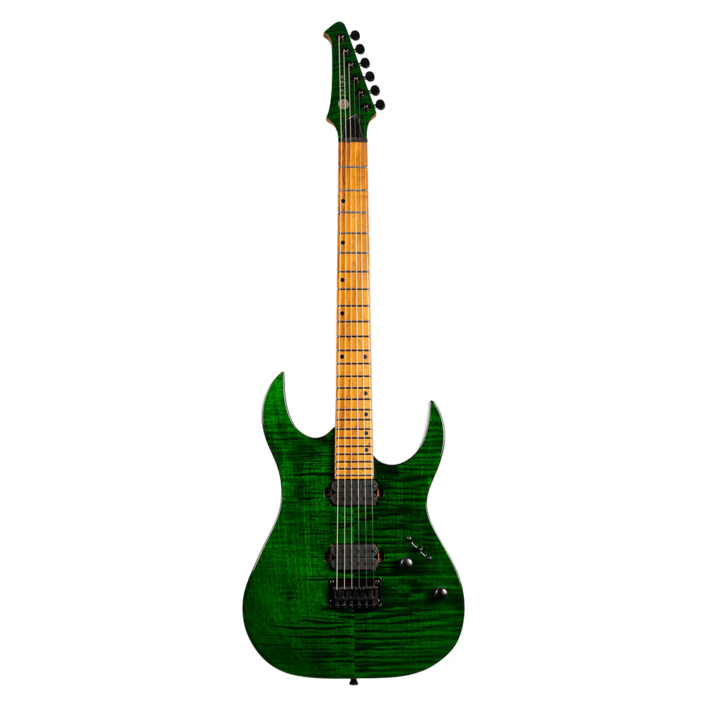 Spira S-450 TGR HH Electric Guitar with Flame Maple Top and Roasted Maple Neck in Transparent Green - Image 7